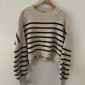 Free People Cream & Black Stripe Oversized Crop Knit Sweater
